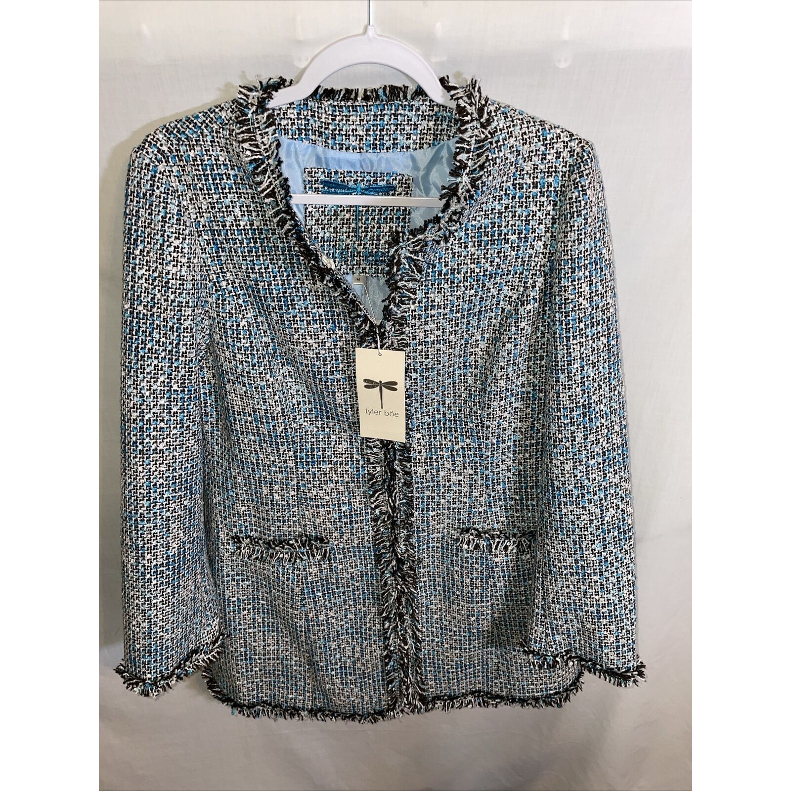 Tyler Boe Tweed Fringe Trim Jacket Women’s Size Medium Blue White Ls Pockets Nwt